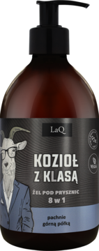 LaQ Kozioł z Klasą 8w1 męski żel w brązowej butelce z kozłem, pachnie górną półką, widok z przodu.