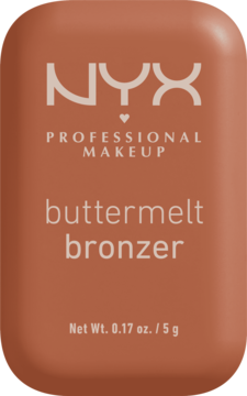 NYX Buttermelt Bronzer w brązowej, zaokrąglonej puderniczce, z logo NYX i nazwą produktu na froncie.