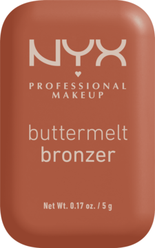 NYX Buttermelt Bronzer w ciepłym odcieniu brązu, prostokątne opakowanie z zaokrąglonymi rogami, widok z przodu.