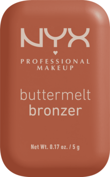NYX Buttermelt Bronzer w ciepłym odcieniu brązu, prostokątne opakowanie z zaokrąglonymi rogami, widok z przodu.