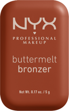 NYX Professional Makeup Buttermelt Bronzer, rdzawobrązowy kompakt z zaokrąglonymi rogami, widok z przodu.