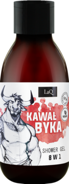 LaQ Kawał Byka 8w1 męski żel pod prysznic, ciemna butelka, etykieta z muskularnym bykiem, widok z przodu.