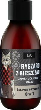 Żel pod prysznic LaQ Ryszard z Bieszczad 8w1. Ciemna butelka z etykietą: ryś w kratę, zapach górski, 97% nat. składników.