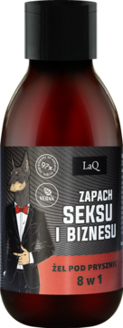 Żel pod prysznic LaQ Zapach Seksu i Biznesu 8w1, brązowa butelka, etykieta z dobermanem w garniturze.