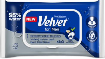 Nawilżany papier toaletowy Velvet for Men 48 sztuk, opakowanie niebiesko-szare, z napisem 95% water.