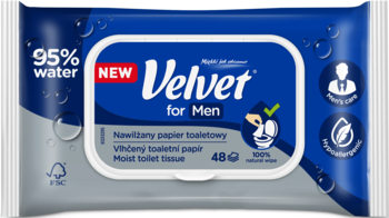 Nawilżany papier toaletowy Velvet for Men, ciemnoniebieskie opakowanie z napisem „95% water”, widok z przodu.