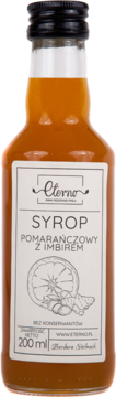 Bursztynowy syrop pomarańczowo-imbirowy Eterno w butelce 200 ml, biała etykieta z owocami, widok z przodu.