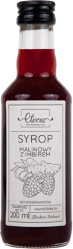 Eterno Syrop Malinowy z Imbirem 200 ml, w szklanej butelce z czarną nakrętką, widok z przodu.