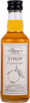 Syrop pigwowy Eterno 200 ml w szklanej butelce, z etykietą z rysunkiem pigwy, bez konserwantów, widok z przodu.