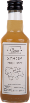 Eterno Syrop Imbirowy w szklanej butelce 200ml, widok z przodu, z jasnobrązowym płynem i etykietą z imbirem.