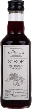 Butelka syropu malinowego z miodem Eterno, 200 ml, ciemnoczerwony płyn, biała etykieta, widok z przodu.