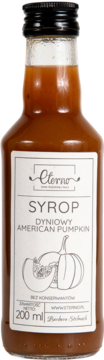 Syrop dyniowy Eterno American Pumpkin 200 ml w szklanej butelce z białą etykietą i grafiką dyni, widok z przodu.