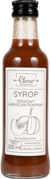 Bursztynowy Syrop Dyniowy American Pumpkin Eterno, 200ml, bez konserwantów, z rysunkiem dyni na etykiecie.