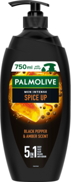 Palmolive Men Intense Spice Up, 750ml żel pod prysznic 5w1. Czarna butelka z pompką, zapach czarnego pieprzu i bursztynu.