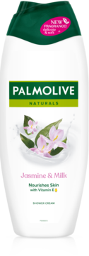 Palmolive Naturals Jasmine & Milk kremowy żel pod prysznic z witaminą E, biała butelka, widok z przodu.