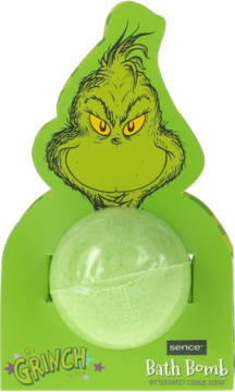 Zielona bomba do kąpieli Grinch o zapachu ciasteczek, w zielonym opakowaniu z głową Grincha, widok z przodu.