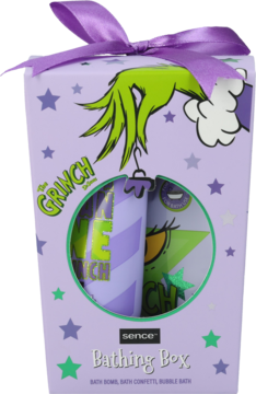 Fioletowy zestaw kąpielowy Grinch Sence z zieloną ręką, gwiazdki, wstążka; zawiera produkty do kąpieli.