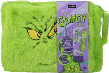 Grinch zestaw: zielona, puszysta kosmetyczka z twarzą Grincha i fioletowe opakowanie z mgiełką i balsamem do ust.