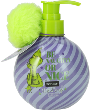 Mydło do rąk Sence Grinch, okrągła butelka z pompką, fioletowo-zielone paski, zielony pompon i napis: BE NAUGHTY OR NICE.