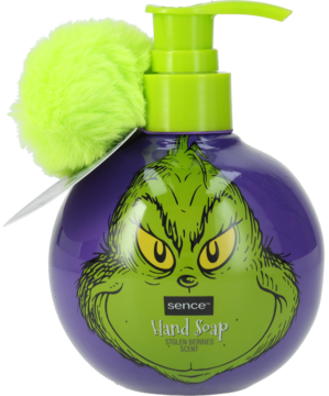 Mydło do rąk Sence Grinch, fioletowa butelka z zieloną twarzą Grincha, pompka, pompon, zapach żurawiny.