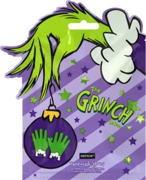 Maska do rąk The Grinch, fioletowe opakowanie z zieloną dłonią i bombką, rozrzucone gwiazdki.