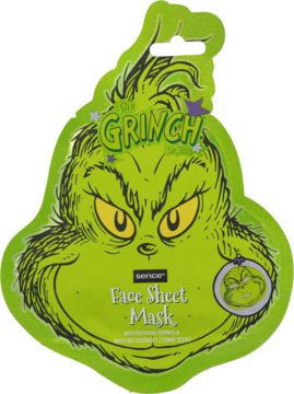 Grinch zielona maseczka w płachcie do twarzy, nawilżająca, w kształcie głowy postaci z żółtymi oczami, widok z przodu.