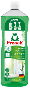 Frosch Bio Spirit 1L, zielony płyn do szyb z bioalkoholem. Na etykiecie żaba, okno i napis "bez smug".