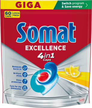 Czerwona saszetka Somat Excellence 4in1 Lemon kapsułki do zmywarki, 60 sztuk, z dużą kapsułką i cytrynami.