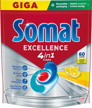 Czerwono-srebrna torebka Somat Excellence 4w1 Lemon, 60 kapsułek do zmywarki, z kapsułką i cytrynami, widok z przodu.