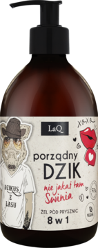 Brązowa butelka żelu pod prysznic LaQ Porządny Dzik 8w1, z etykietą i ilustracją dzika w kapeluszu. Widok z przodu.