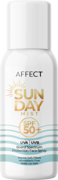 Affect SunDay Mist SPF 50+ UVA/UVB Protection Face Spray, biała butelka ze złotym logo słońca, przód.