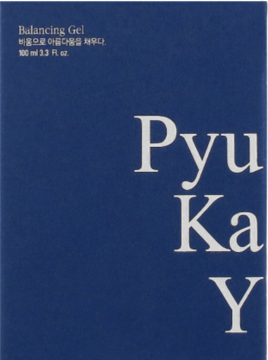 Pyunkang Yul Balancing Gel, ciemnoniebieskie pudełko z białym napisem Pyu Ka Y, widok z przodu. Nawilżający żel do twarzy.