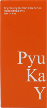 Pyunkang Yul Brightening Blemish Care Serum 30ml, pomarańczowe pudełko z logo Pyu Ka Y, widok z przodu.