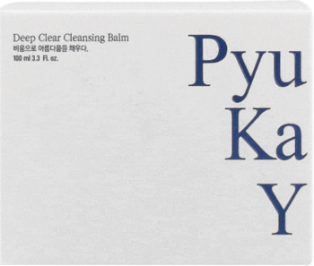 Białe pudełko Pyunkang Yul Deep Clear Cleansing Balm, frontalny widok z niebieskim, pionowym napisem Pyu Ka Y.