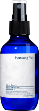 Pyunkang Yul Mist Toner, nawilżający tonik w niebieskiej szklanej butelce z atomizerem, widok z przodu.