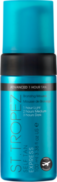 St.Tropez Self Tan Express, turkusowa butelka 100ml, z czarnym paskiem, ekspresowa pianka samoopalająca, travel size.