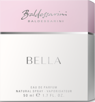 Baldessarini Bella woda perfumowana, eleganckie biało-różowe opakowanie z srebrnymi napisami, widok z przodu. 50ml.