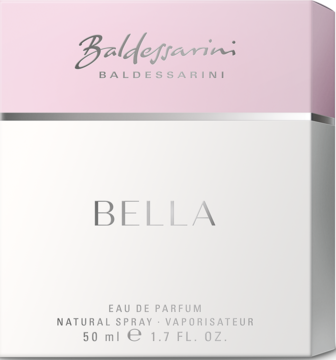 Baldessarini Bella woda perfumowana, eleganckie biało-różowe opakowanie z srebrnymi napisami, widok z przodu. 50ml.