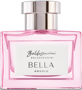 Różowa szklana butelka damskiej wody perfumowanej Baldessarini Bella Absolu, widok z przodu z białym napisem.