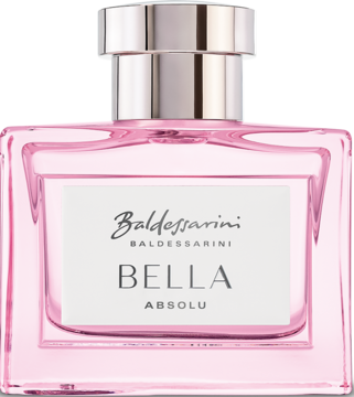Różowa prostokątna butelka wody perfumowanej Baldessarini Bella Absolu z białą etykietą, widok z przodu.