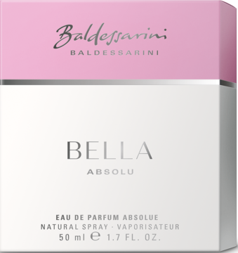 Różowo-białe pudełko Baldessarini Bella Absolu Eau de Parfum 50ml, z metalicznym napisem, widok z przodu.