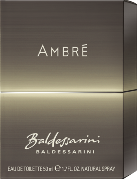 Baldessarini Ambré męska woda toaletowa 50ml w ciemnym, brązowo-złotym pudełku z odbiciem światła.