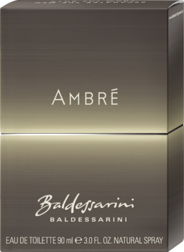 Eleganckie, brązowo-złote opakowanie męskiej wody toaletowej Baldessarini Ambré, 90 ml, widok z przodu.