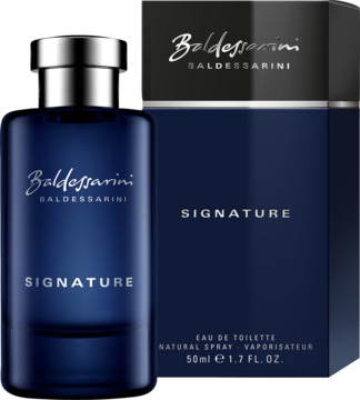 Baldessarini Signature męska woda toaletowa, ciemnoniebieska szklana butelka z srebrną nakrętką i pudełko, widok z przodu.