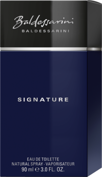 Baldessarini Signature męska woda toaletowa 90 ml w granatowym pudełku z czarnym topem, widok z przodu.