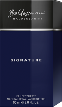 Baldessarini Signature męska woda toaletowa 90 ml w granatowym pudełku z czarnym topem, widok z przodu.