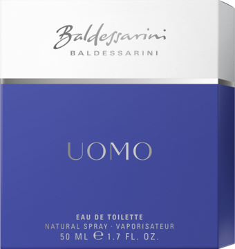 Męska woda toaletowa Baldessarini Uomo 50ml w biało-ciemnofioletowym pudełku, ze srebrnym logo, widok z przodu.