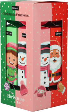 Świąteczne krakersy Sence, cztery sztuki w różowo-zielonym pudełku z okienkiem, wizerunki elfa, bałwana, Mikołaja.