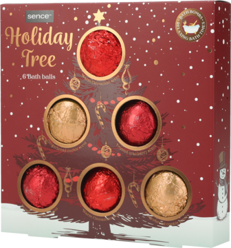 Sence Holiday Tree zestaw 6 kul do kąpieli w czerwonym pudełku z grafiką choinki, zawiera 3 złote i 3 czerwone kule.