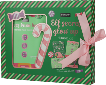 Bencare Elf Secret Glow Up Mask kit w zielonym pudełku z różową wstążką i świąteczną grafiką cukrowej laski.
